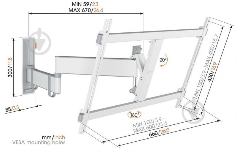 Кронштейн Vogels TVM 3643 поворотно-похилі 40"-77" білий - фото 11