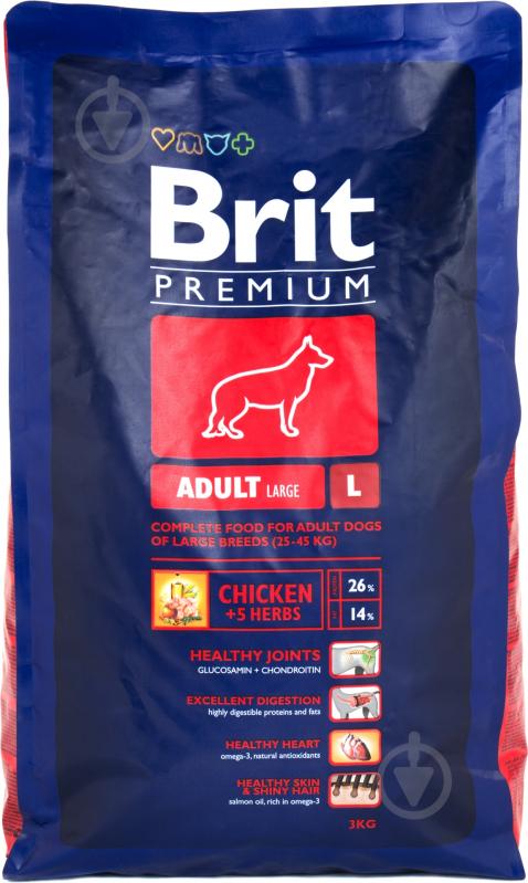 Корм для крупних порід Brit Premium Adult L 3 кг (куряче м'ясо) 3 кг - фото 1