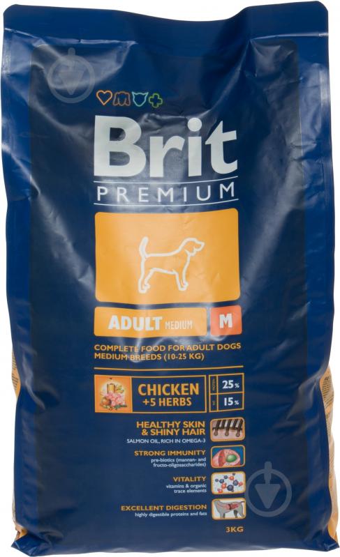 Корм для средних пород Brit Premium Adult M 3 кг (злаки, курица) 3 кг - фото 1