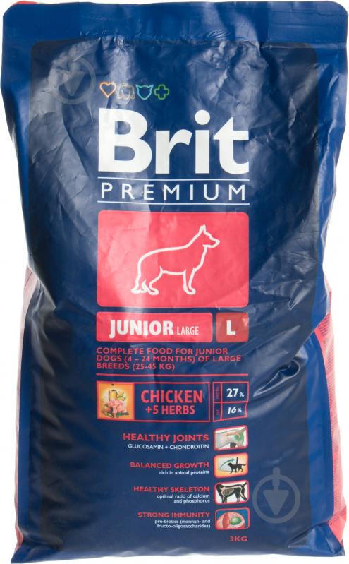 Корм для крупних порід Brit Premium Junior L 3 кг (злаки, курка) 3 кг - фото 1