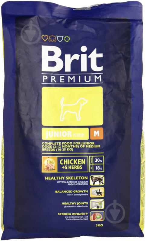 Корм для середніх порід Brit Premium Junior M 3 кг (куряче м'ясо) 3 кг - фото 1