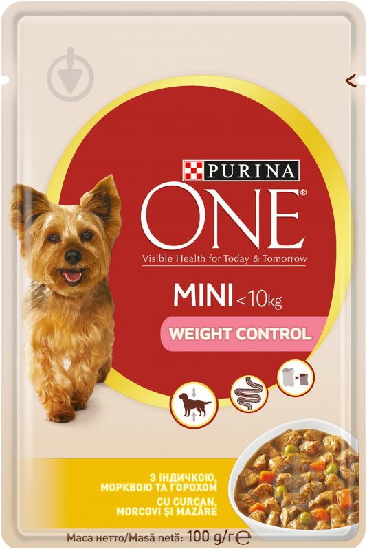 Консерва для середніх порід Purina One Mini Weight Control з індичкою, морквою та горохом в підливі 100 г - фото 1