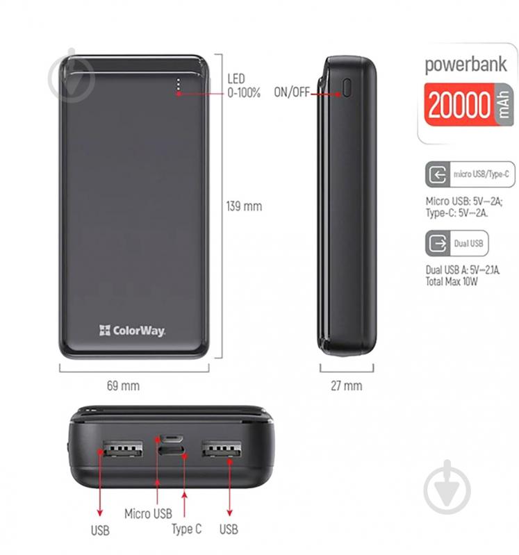 Повербанк ColorWay 20000 mAh black (CW-PB200LPD2BK) - фото 6