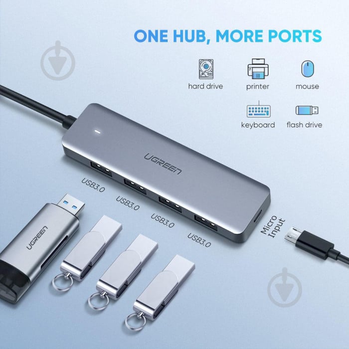 USB-хаб UGREEN CM219 4-IN-1 USB TYPE-C TO 4XUSB 3.0 HUB SPACE Gray (70336) - фото 2