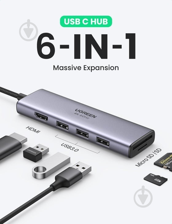 USB-хаб UGREEN CM511 6-in-1 USB Type-C to 3xUSB 3.0 plus HDMI Multifunction Adapter Space Gray (60383) - фото 2