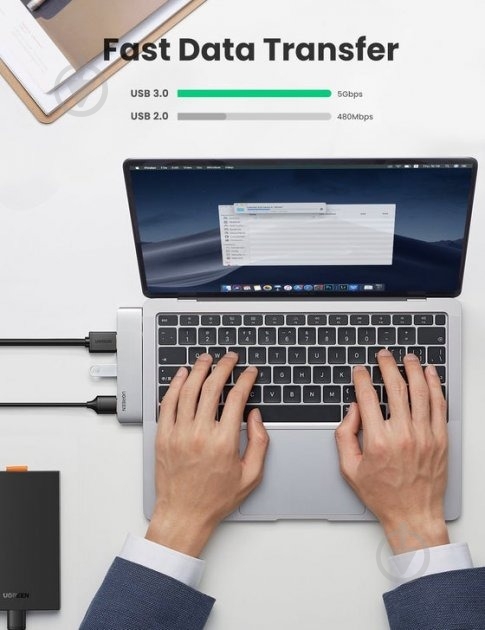 USB-хаб UGREEN CM251 5-in-2 Dual USB Type-C to 3x USB 3.0 + HDMI + USB Type-C Multifunction Adapter - фото 4