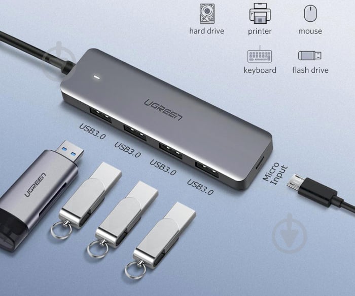 USB-хаб UGREEN 4-Port USB 3.0 Hub with Micro USB Power Supply Grey (50985) - фото 2