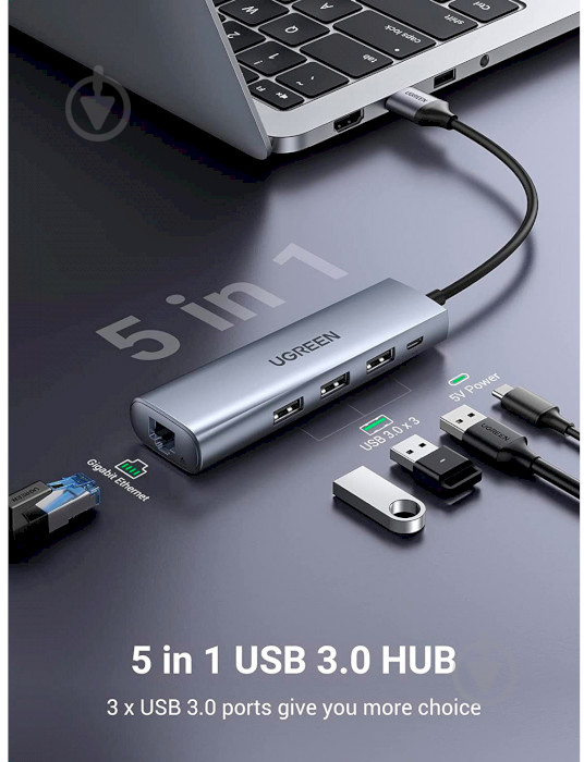 Док-станция UGREEN USB A 3.0 - HDMI/USB 3.0х3/RJ45/MICRO USB CM266 (60812) - фото 2