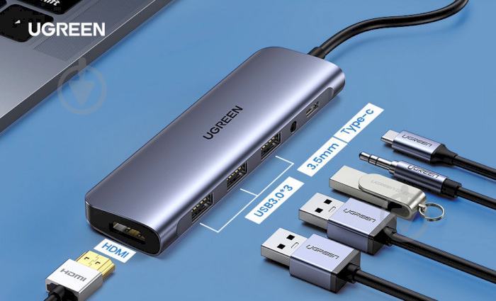 Док-станция UGREEN USB 3.0 Type-C - USB 3.0x3/HDMI/jack 3.5mm/PD CM136 (80132) - фото 2