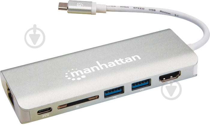 Док-станція Intracom USB 3.1 Type-C — HDMI/USB 3.0x2/RJ45/SD/PD 60W Hub 7-in-1 silver (152075) - фото 1