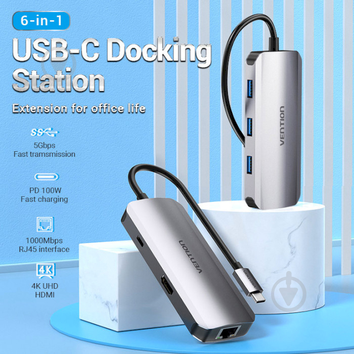 Док-станция Vention USB 3.1 Type-C - HDMI/USB 3.0x3/RJ45/PD 100W Hub 6-in-1 silver (TOHHB) - фото 3