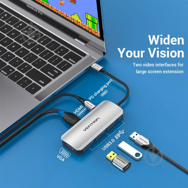 Док-станция Vention USB3.1 Type-C - HDMI/VGA/USB 3.0x3/PD 100W Hub 6-in-1 silver (TOIHB) - фото 6