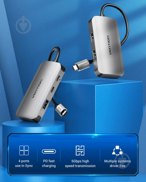 Док-станция Vention USB3.1 Type-C - USB 3.0x3/USB-C Gen 1/PD 100W Hub 5-in-1 silver (TNDHB) - фото 2