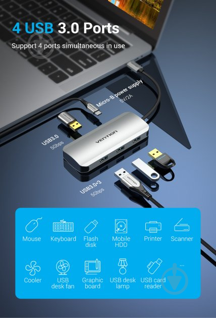 Док-станция Vention USB HUB 5 в 1 silver (TNAHB) - фото 4