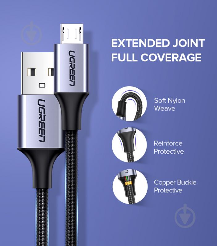 Кабель UGREEN US290 USB 2.0 to Micro Cable Nickel Plating Aluminum Braid 2A 1,5 м black (60147) - фото 2