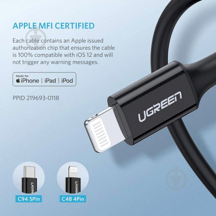 Кабель UGREEN USB AM-Lightning M 3A Nickel Plating ABS Shell US171 1 м white (60751) - фото 3