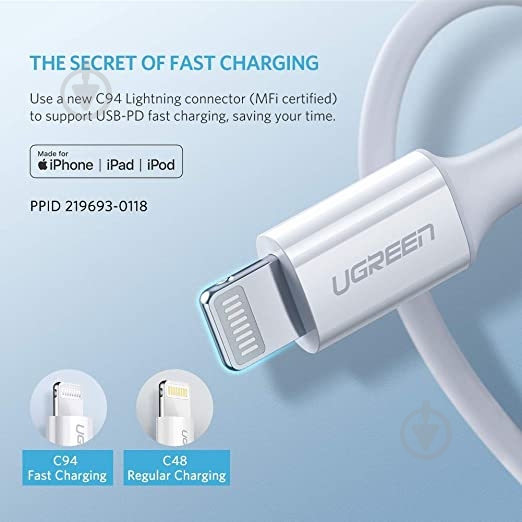 Кабель UGREEN Type-C To Lightning 1,5 м white (60748) - фото 6 Кабель UGREEN Type-C To Lightning 1,5 м white (60748) - фото 6