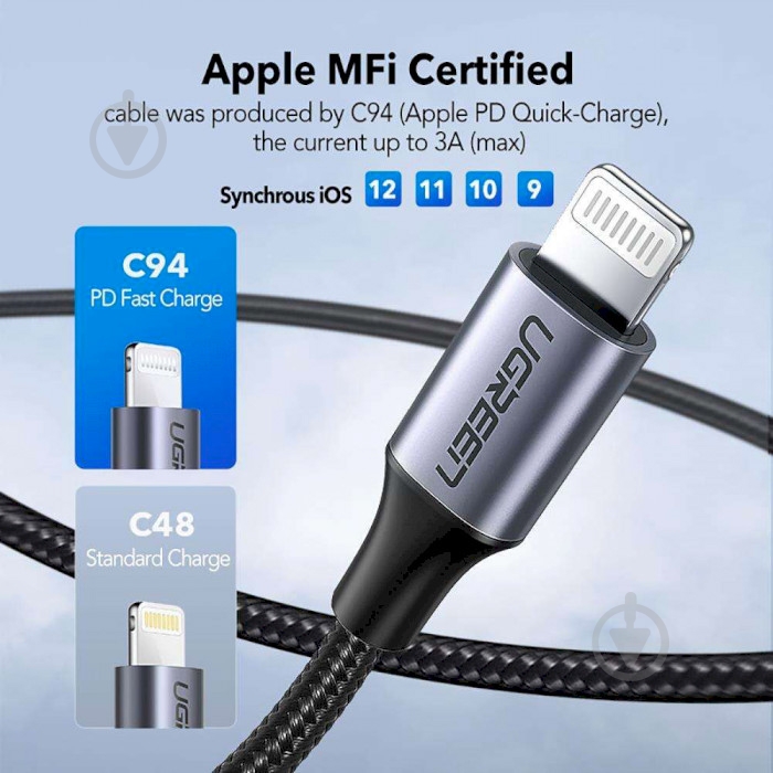 Кабель UGREEN USB 2.0 Type-C M-Lightning M (20V/3A) 60W US304 2 м black (60761) - фото 4