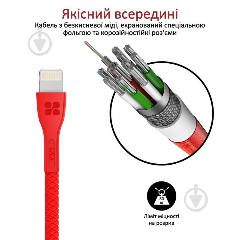 Кабель Promate PowerBeam-I USB-Lightning 2А 1,2 м красный (powerbeam-i.red) - фото 3
