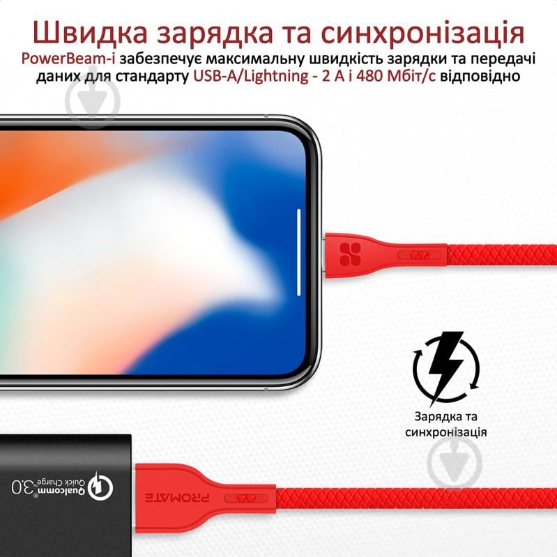 Кабель Promate PowerBeam-I USB-Lightning 2А 1,2 м красный (powerbeam-i.red) - фото 2
