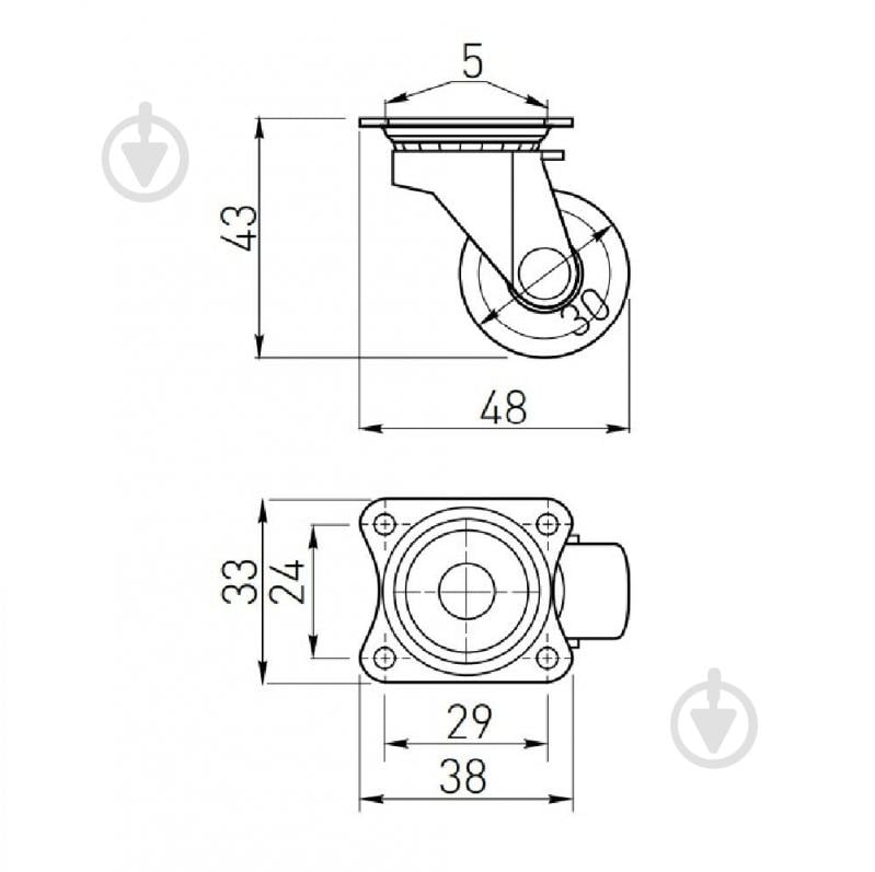 Ролик мебельный GTV d30 мм h-43 мм повортный без стопора черное (колесо для мебели) KM-015030-20 - фото 2