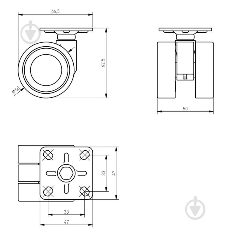 Ролик мебельный GTV CIRCO d50 мм h-61,5 мм поворотный двойной без стопора светло-серый (колесо для мебели) KM-CIRCO-50MM-BH-19 - фото 2