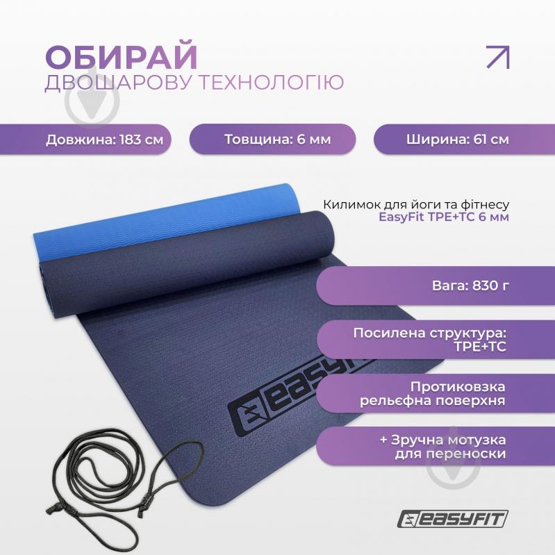 Коврик для йоги EasyFit TPE+TC двухслойный 6 мм Синий/Голубой синийголубой - фото 3