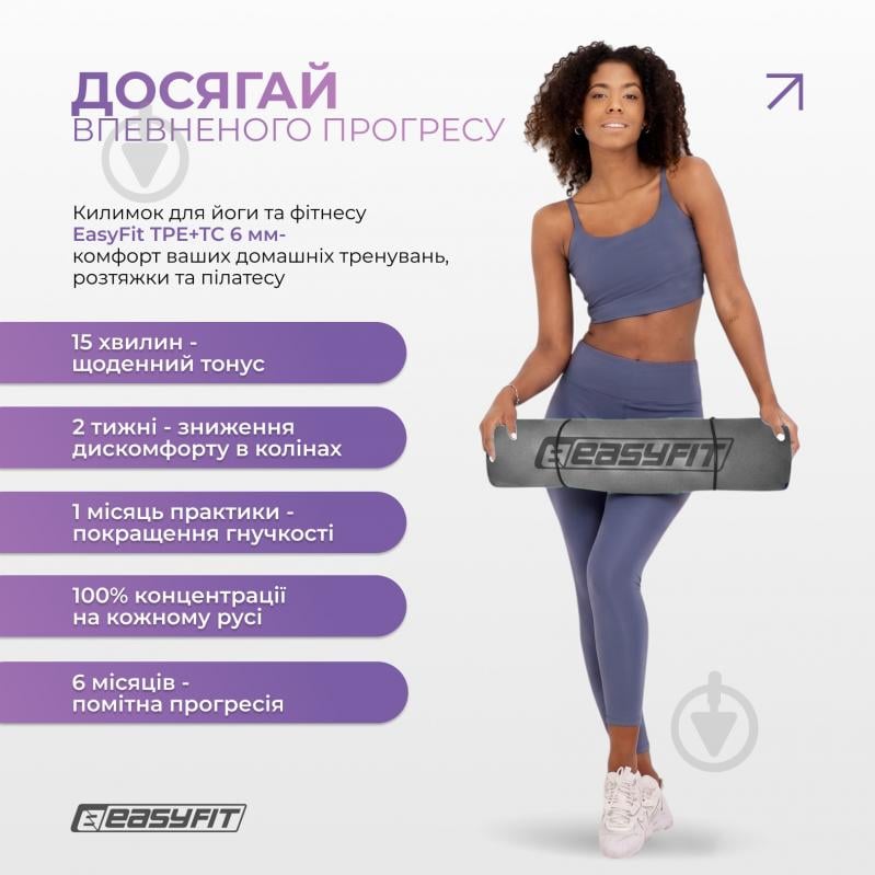 Коврик для йоги EasyFit TPE+TC двухслойный 6 мм Серый/Черный серо-черный - фото 8