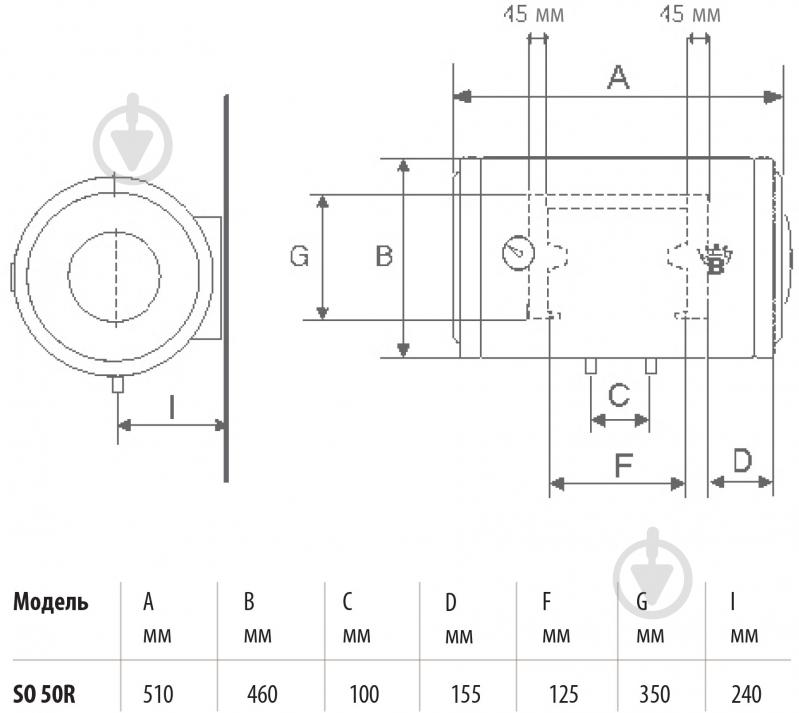 Бойлер Bandini SO 50R 50 л. горизонтальний 2,0 кВт 510 x 460 мм. - фото 2