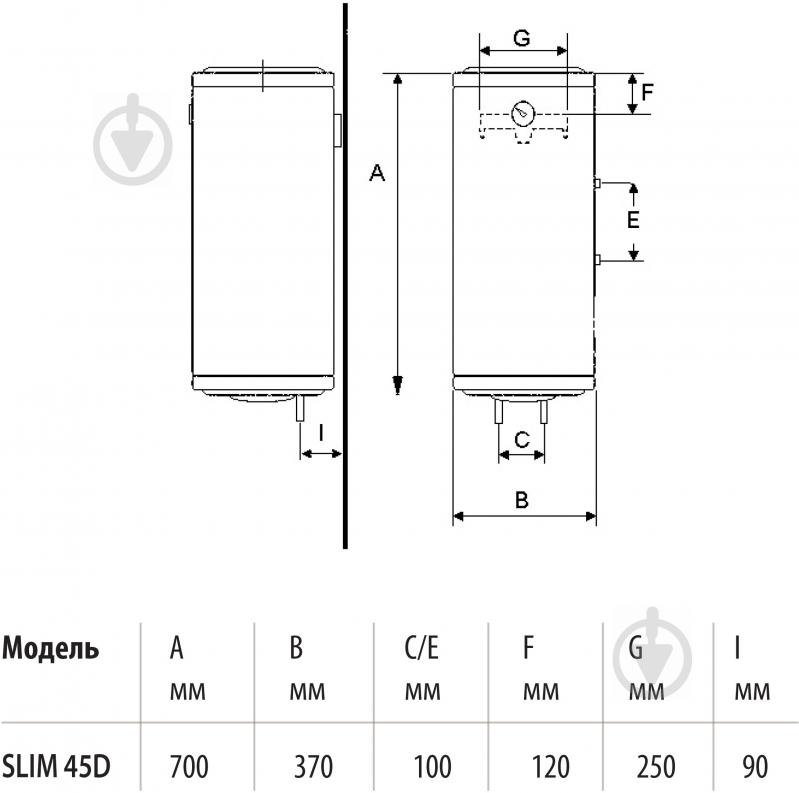 Бойлер Bandini SLIM 45D 45 л. з сухими тенами 1,8 кВт 700 x 370 мм. - фото 2