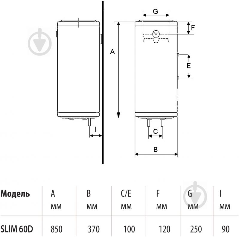 Бойлер Bandini SLIM 60D 60 л. з сухими тенами 1,8 кВт 850 x 370 мм. - фото 2