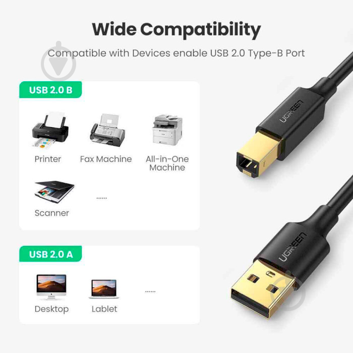 Кабель UGREEN US135 USB 2.0 AM to BM Print Cable 3 м чорний (10351) - фото 5