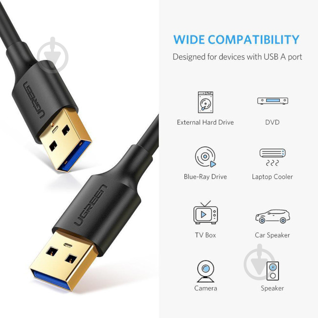 Кабель UGREEN US128 USB-A 3.0 Male to Male Cable 0,5 м черный (10369) - фото 2