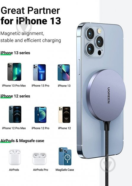 Бездротовий зарядний пристрій UGREEN CD245 Magnetic Wireless Charger 15W Max Gray (30233) - фото 3