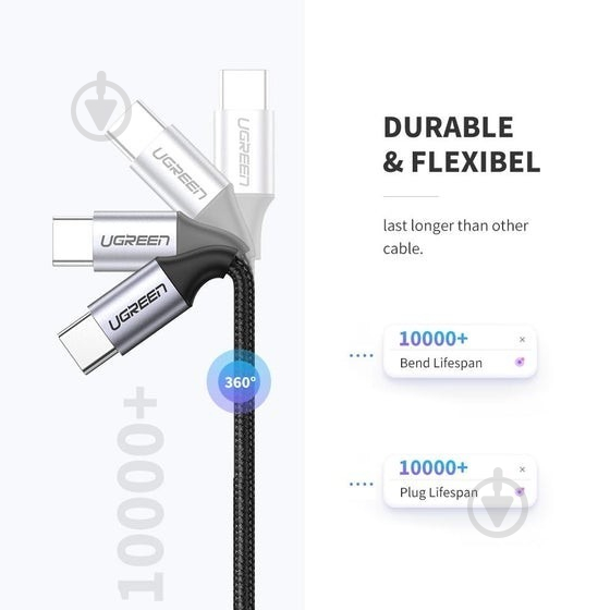 Кабель UGREEN US261 USB Type-C to USB Type-C 60W Round Cable Nickel Plating Aluminum Shell 3A 0,5 м black (50149) - фото 6