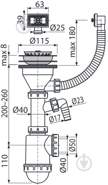 Сифон для кухонной мойки Alca Plast с гофропереливом и подводкой d50 / 40 - фото 3