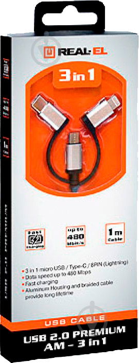 Кабель Real-el 1 м чорний (USB 2.0 Premium AM-3in1 1m, bl) - фото 1
