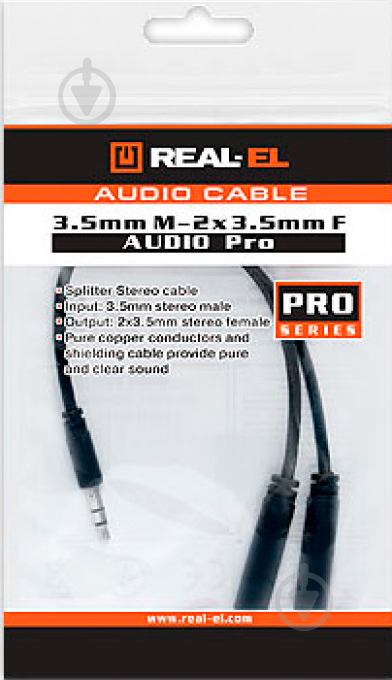 Кабель Real-el mini-jack 3,5 мм – 2хmini-jack 3,5 мм 0,2 м чорний (Audio Pro 3.5mm M - 2x3.5mm F) - фото 2