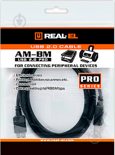 Кабель Real-el USB Am – USB Bm 3 м чорний (USB 2.0 Pro AM-BM 3m, black (R) - фото 2