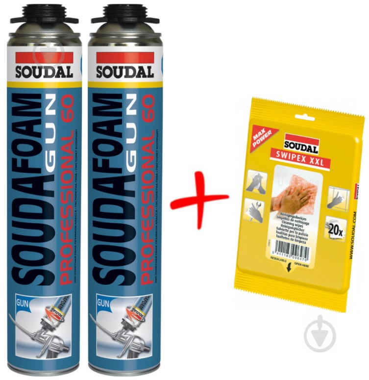 Пена монтажная SOUDAL Soudafoam Gun P60 2шт + салфетки SWIPEX 1 уп в подарок - фото 1