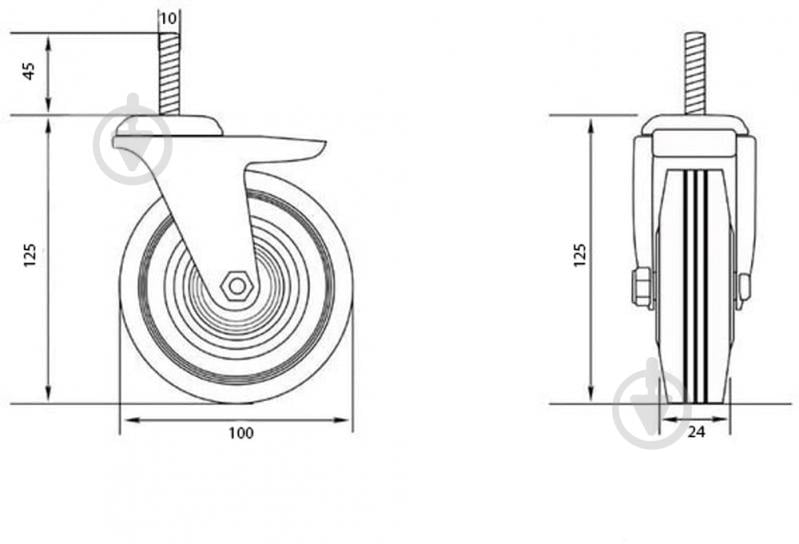Колесо d100 мм резиновое поворотное с резьбовым штырем M10 - фото 5 Колесо d100 мм резиновое поворотное с резьбовым штырем M10 - фото 5