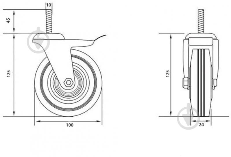 Колесо d100 мм резиновое поворотное с тормозом і резьбовым штырем M10 - фото 7