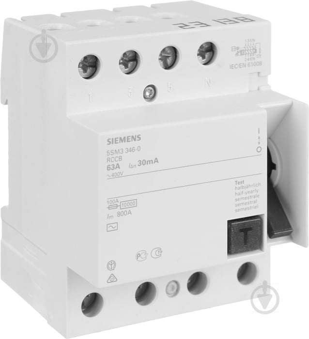 Диференційне реле Siemens АС 4p 63А 30 мА AC 400V 5SM3346-0 - фото 1