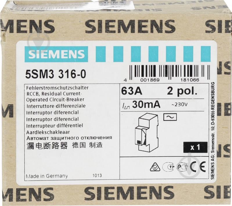 Диференційне реле Siemens АС 2p 63А 30 мА AC 230V 5SM3316-0 - фото 2