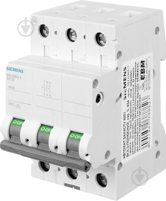 Автоматический выключатель Siemens 3p C 63A 6кА 400V 5SL6363-7 - фото 1