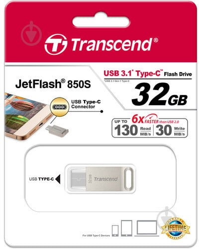 Флеш-память Transcend JetFlash 850 32 ГБ USB Type-C silver (TS32GJF850S) - фото 6