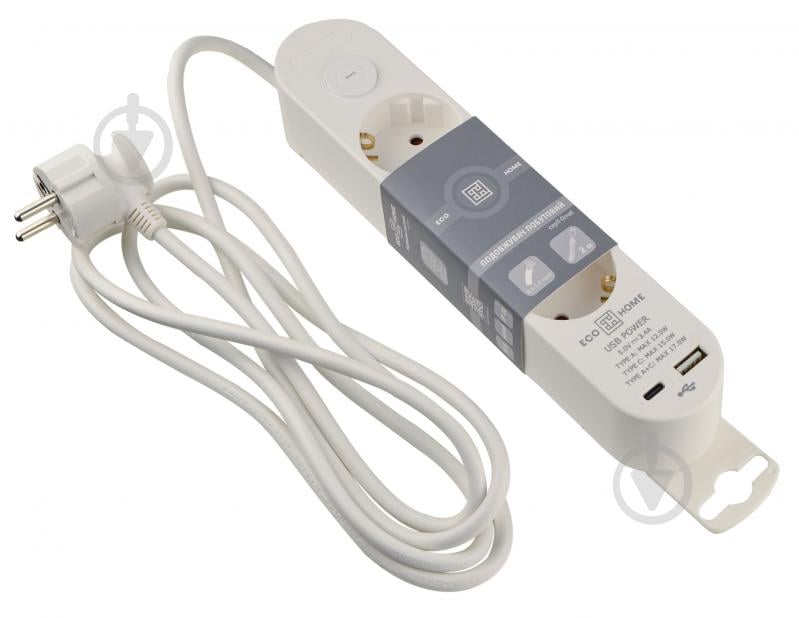Удлинитель бытовой ECOНОМЕ Ornat USB+Type C с заземлением 3 гн. белый 2 м ECO019001001 - фото 1 Удлинитель бытовой ECOНОМЕ Ornat USB+Type C с заземлением 3 гн. белый 2 м ECO019001001 - фото 1