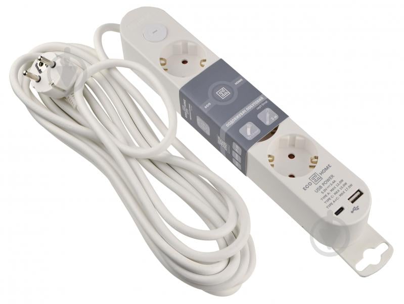 Подовжувач побутовий ECOНОМЕ Ornat USB+Type C із заземленням 4 гн. білий 5 м ECO019001006 - фото 1