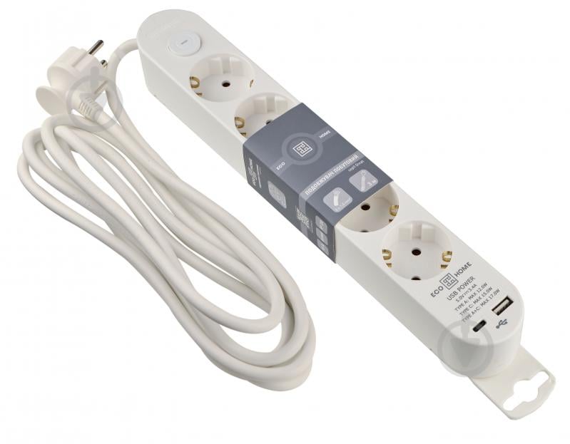 Удлинитель бытовой ECOНОМЕ Ornat USB+Type C с заземлением 5 гн. белый 3 м ECO019001008 - фото 1 Удлинитель бытовой ECOНОМЕ Ornat USB+Type C с заземлением 5 гн. белый 3 м ECO019001008 - фото 1