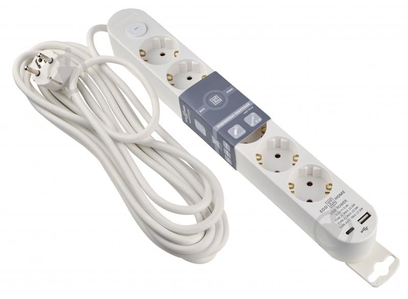 Удлинитель бытовой ECOНОМЕ Ornat USB+Type C с заземлением 6 гн. белый 5 м ECO019001012 - фото 1 Удлинитель бытовой ECOНОМЕ Ornat USB+Type C с заземлением 6 гн. белый 5 м ECO019001012 - фото 1